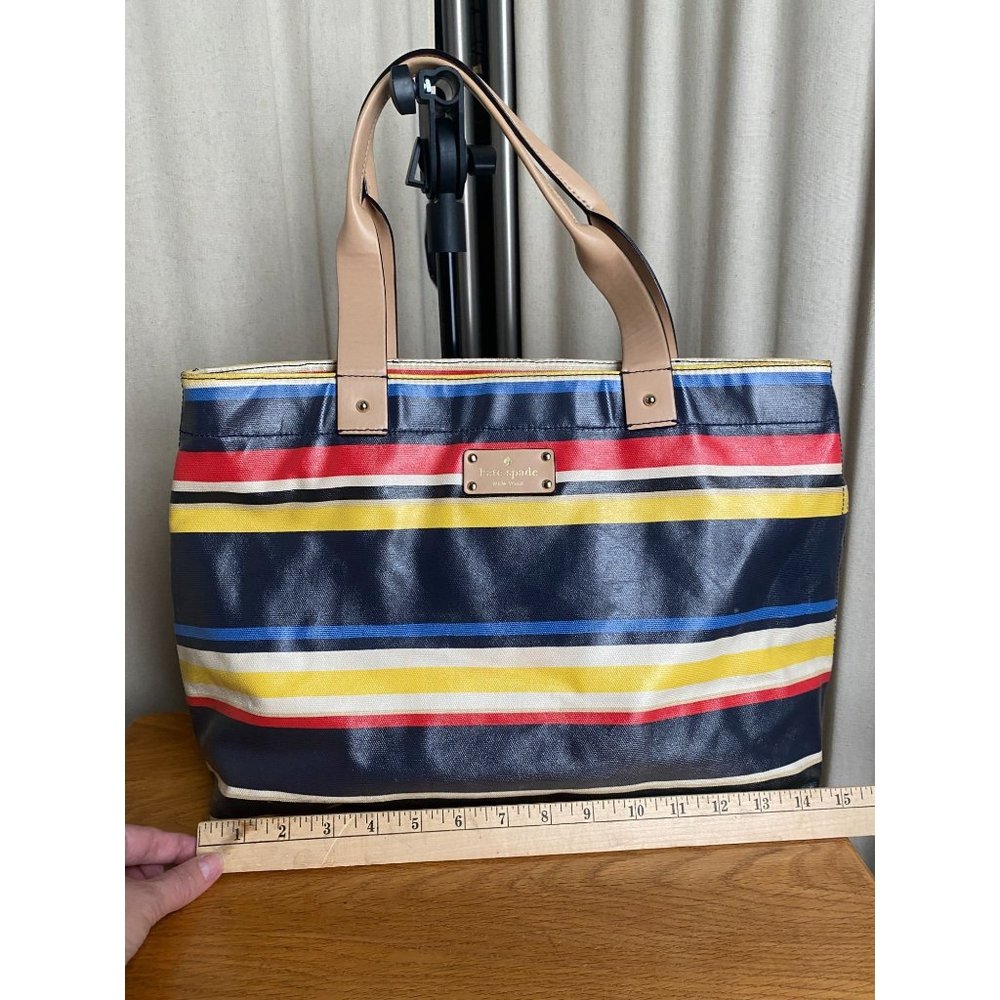 VTG EUC KATE Spade Stripped Coated Canvas Leather Jules Tote Red Lining PERFECT